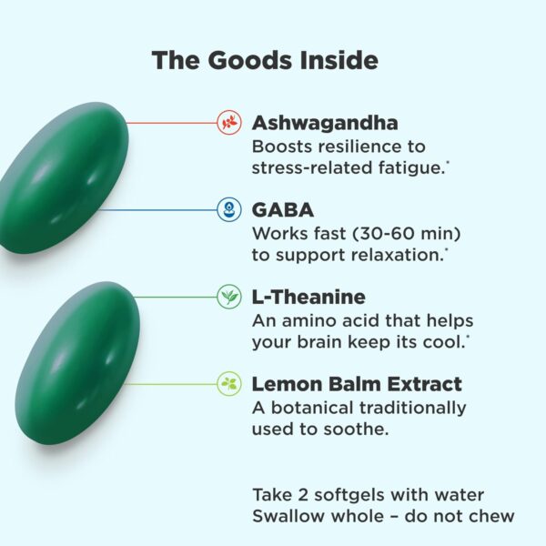 OLLY Ultra Strength Goodbye Stress Softgels, GABA, Ashwagandha, L-Theanine and Lemon Balm, Stress Relief Supplement - 60 Count  Health & Household - Image 2